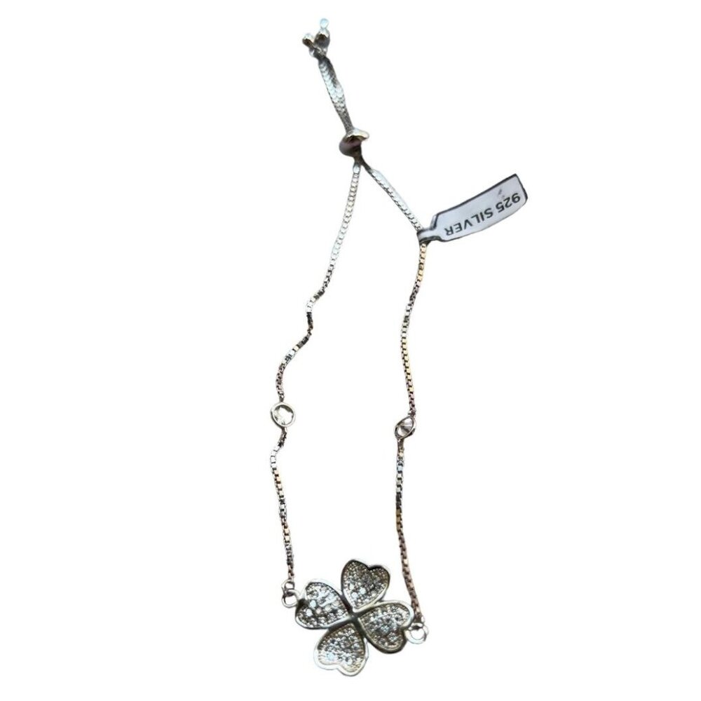 925 Sterling Silver Four Leaves Clover Studded Link Charm Adjustable Bracelet - Picture 3 of 5